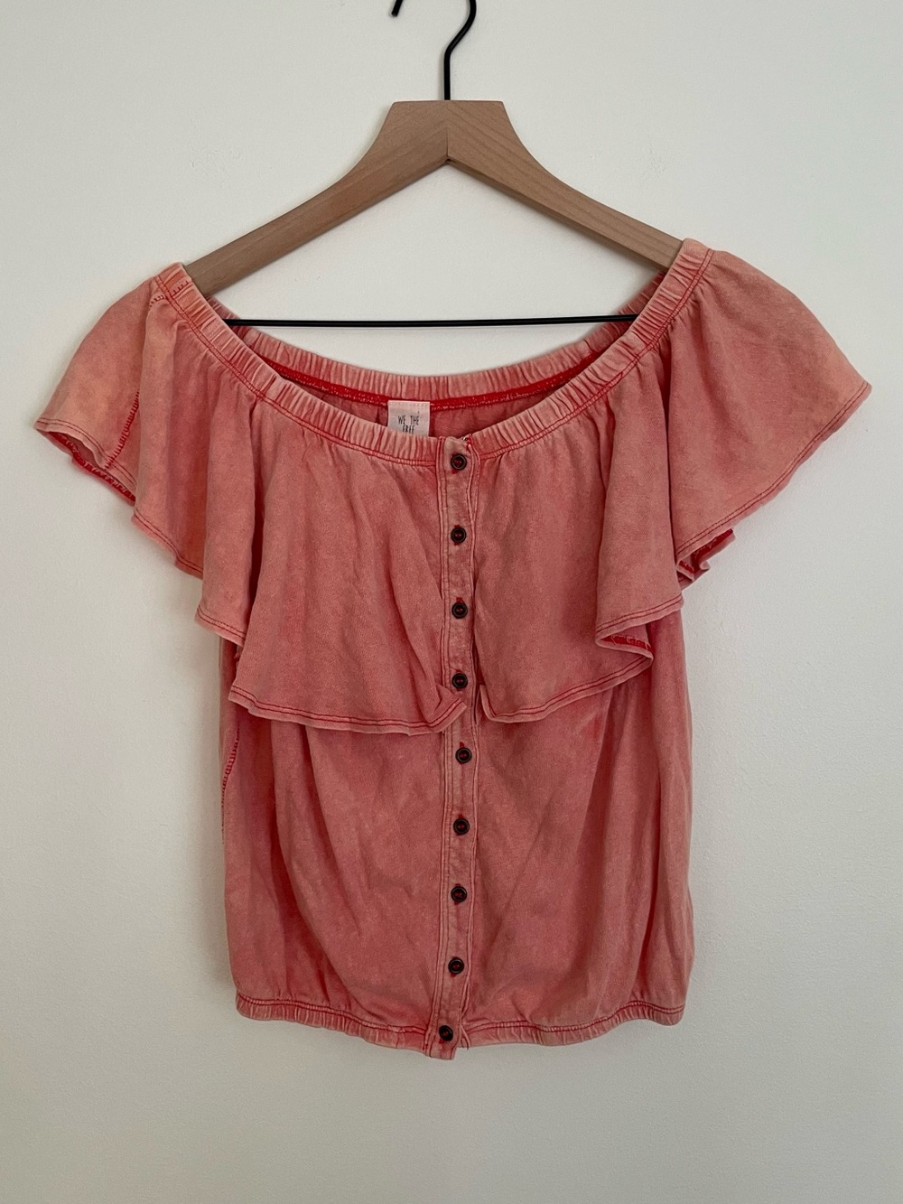 We The Free Coral Pink Off-Shoulder Ruffle Button-Front Top